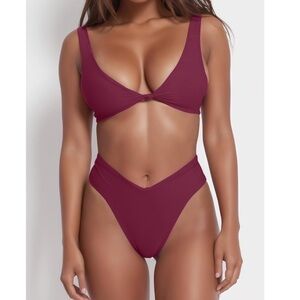 Red Knot Front Two Piece Bikini High Level Thong Swimsuit